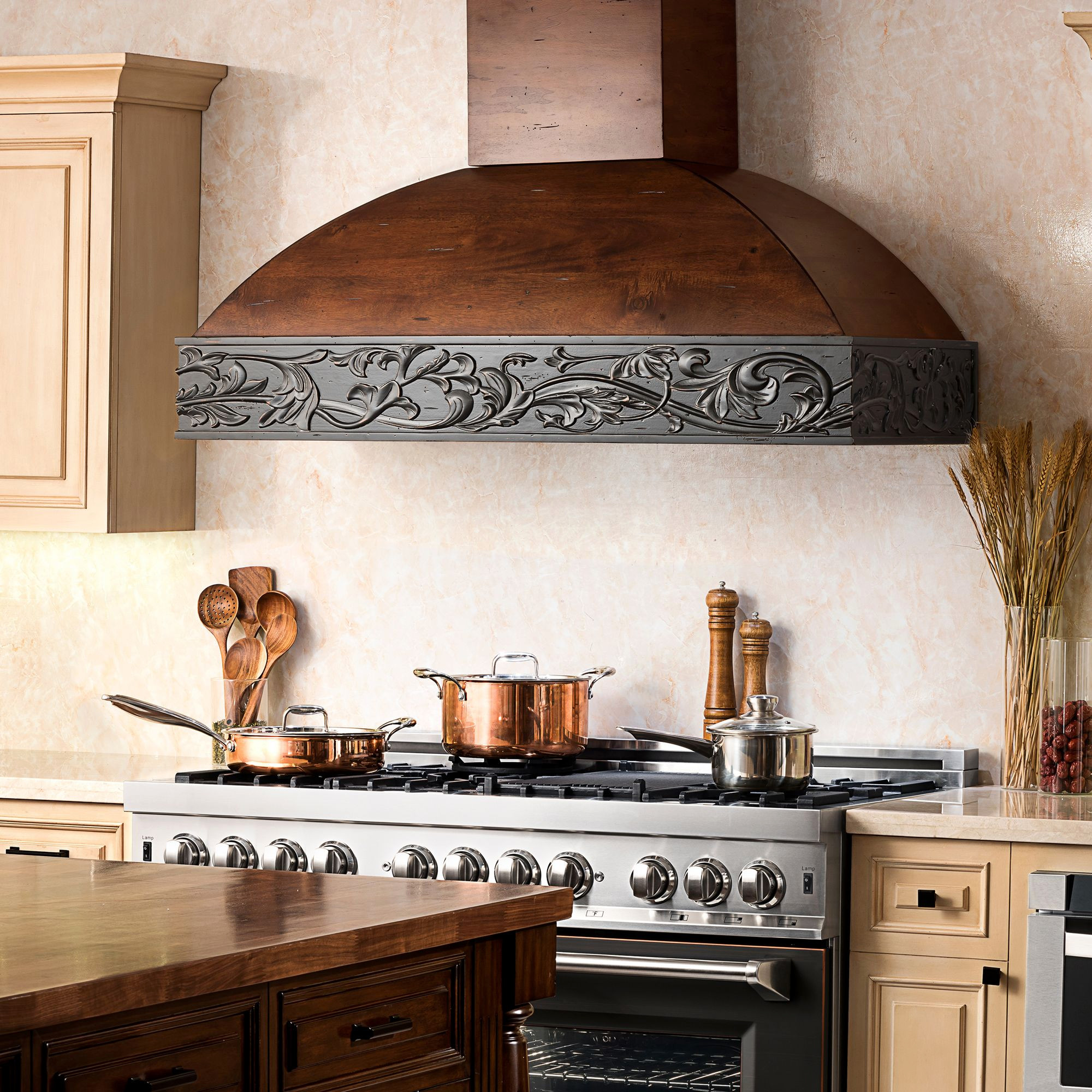 Kitchens featuring a ZLINE Wooden Wall Range Hood