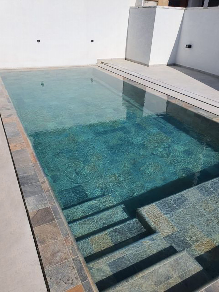 Esempio di una grande piscina monocorsia minimalista rettangolare in cortile con paesaggistica bordo piscina e piastrelle