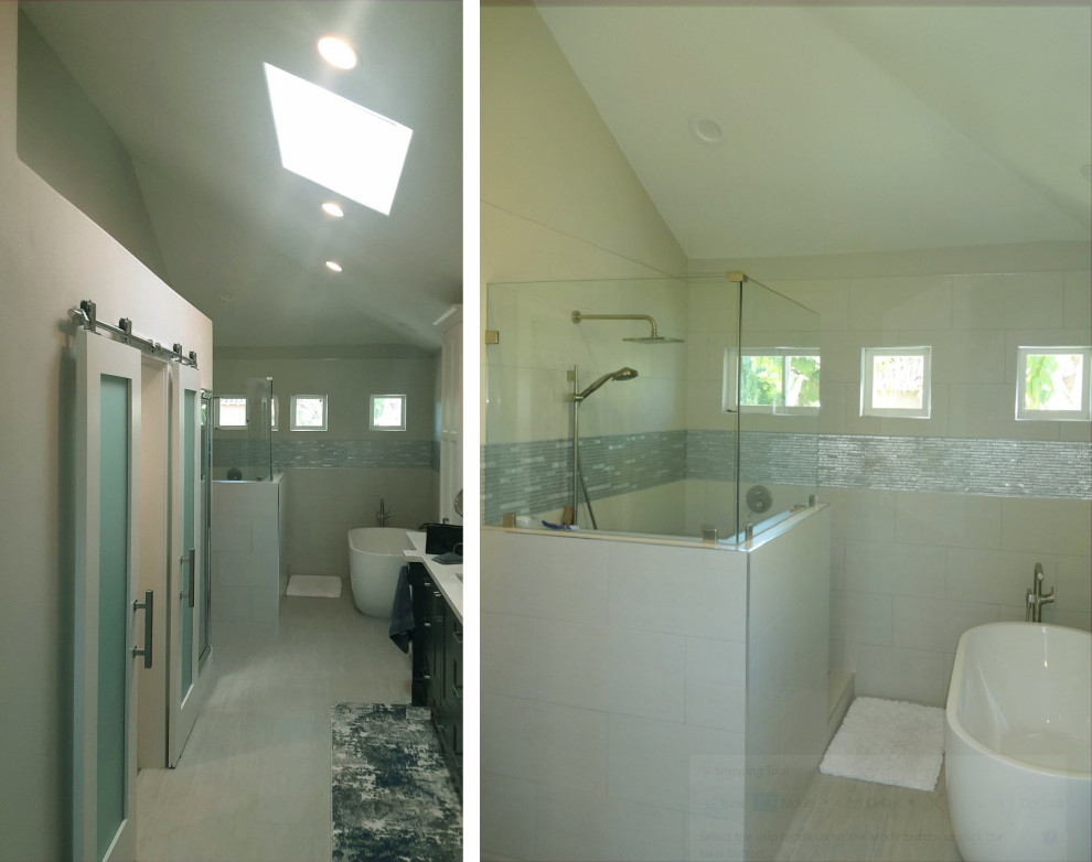 Design ideas for a large modern ensuite bathroom in Orange County with a freestanding bath, porcelain tiles, white walls, porcelain flooring, white floors, an open shower, blue worktops, raised-panel cabinets, blue tiles, an integrated sink, quartz worktops, a built in vanity unit and a vaulted ceiling.