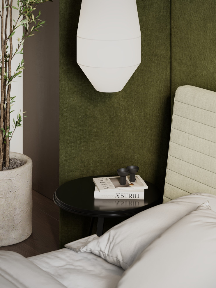 Визуализация интерьера спальни с зелеными акцентами