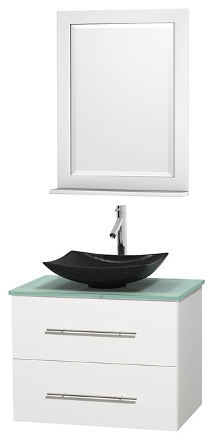 Centra 30" White Single Vanity, Green Glass Top, Arista Black Granite Sink