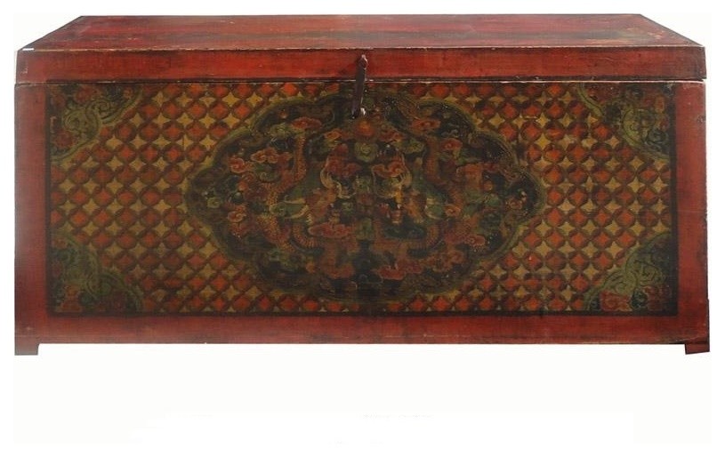 Old Restored Tibetan Dragons Scenery Wooden Trunk Table