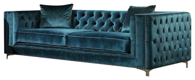 GILLIAN VINTAGE STYLE DARK TEAL VELVET FINISH SOFA - Contemporary
