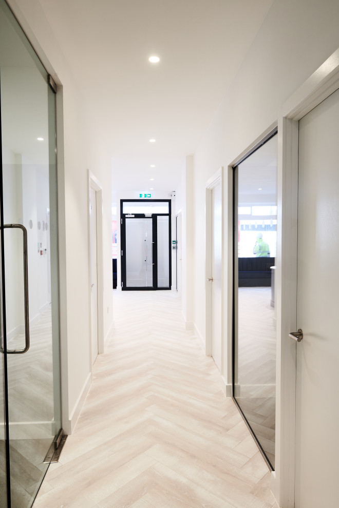 Photo of a large contemporary foyer in London with grey walls, laminate floors, a pivot front door, a glass front door, grey floor and recessed.