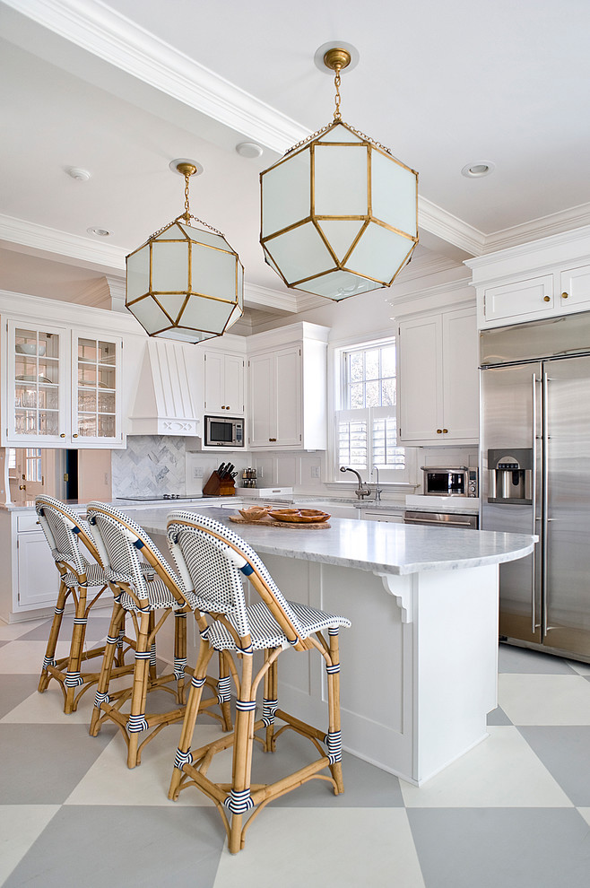 Inspiration for a mid-sized transitional l-shaped painted wood floor and multicolored floor eat-in kitchen remodel with a farmhouse sink, recessed-panel cabinets, white cabinets, marble countertops, white backsplash, wood backsplash, stainless steel appliances and an island