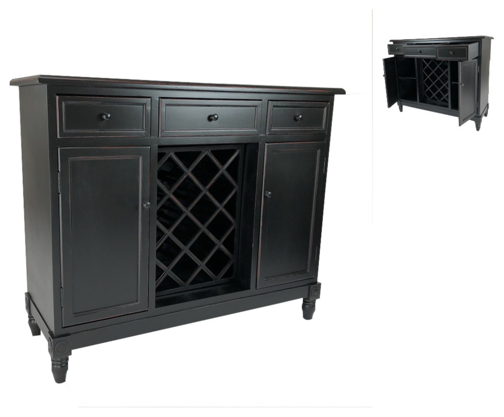 Transitional Wooden Sideboard With Built In Wine Rack, Black