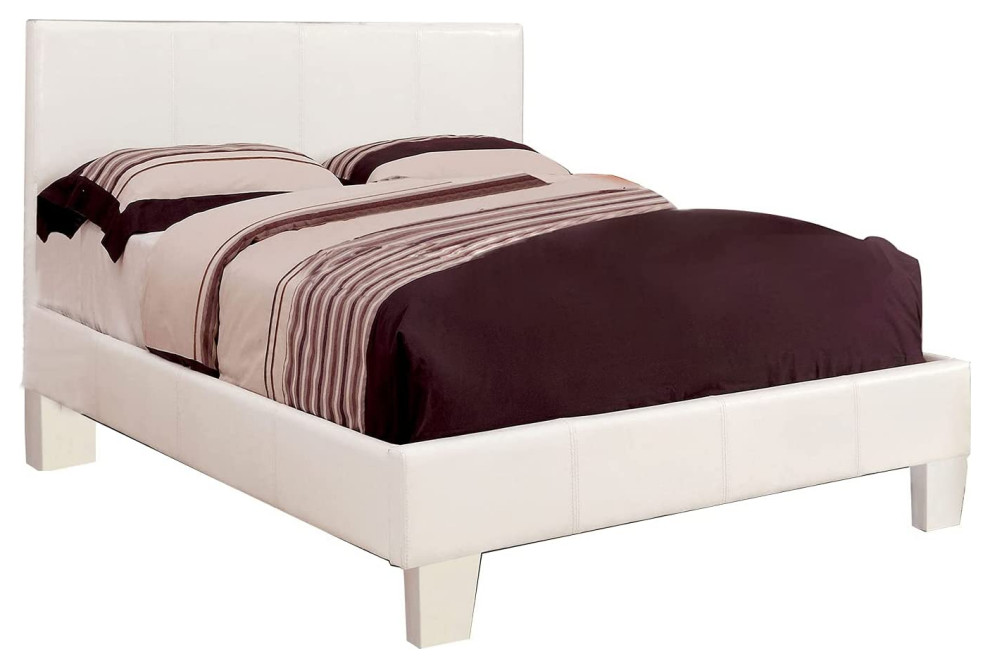 Modern White Full Platform Bed with Leatherette Upholstery and Panel
