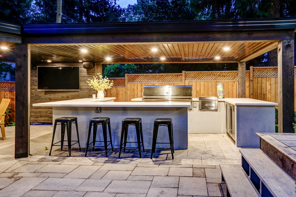 Inspiration for a mid-sized transitional backyard stamped concrete and rectangular pool house remodel in Toronto