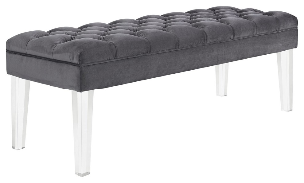 Modern Contemporary Urban Bedroom Living Room Bench, Gray Gray, Fabric Velvet