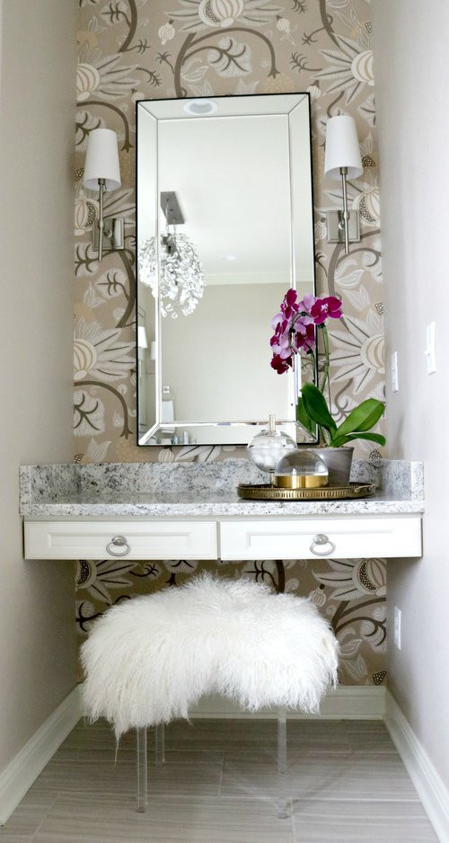 Example of a transitional master ceramic tile and white floor drop-in bathtub design in Milwaukee with gray walls, granite countertops and gray countertops
