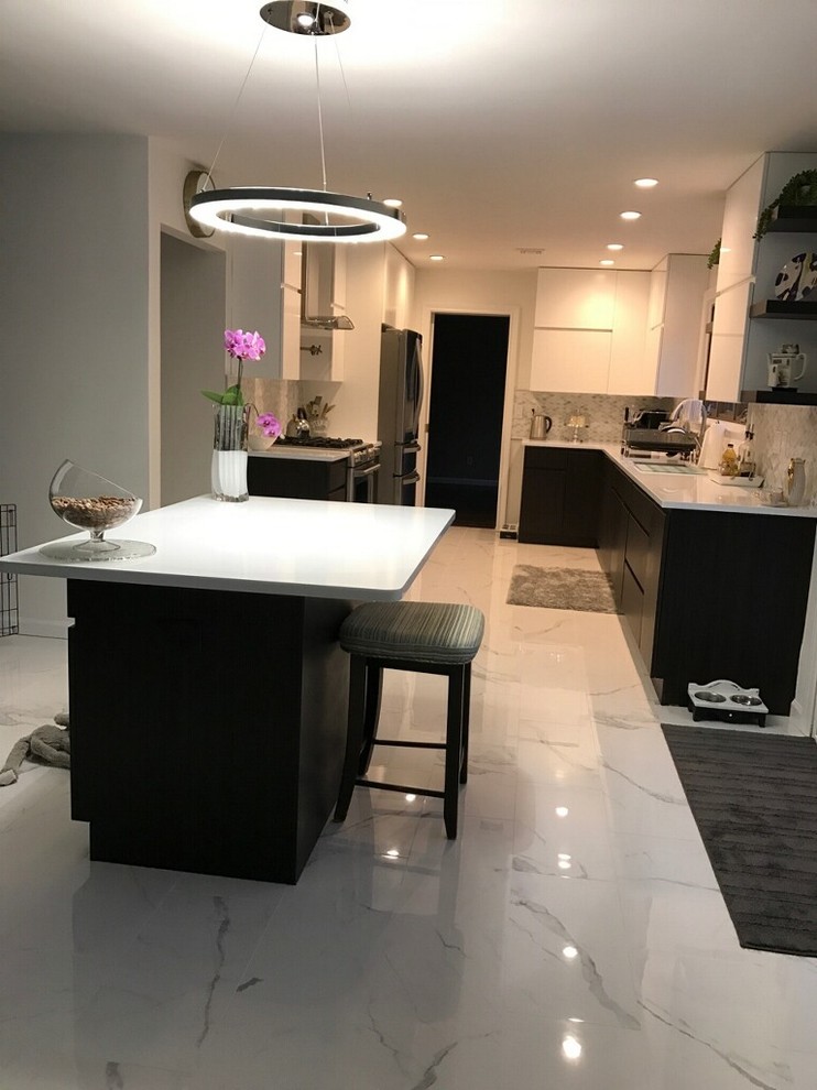 Design ideas for a mid-sized contemporary galley eat-in kitchen in New York with an undermount sink, flat-panel cabinets, dark wood cabinets, quartz benchtops, multi-coloured splashback, ceramic splashback, stainless steel appliances, porcelain floors, with island and white floor.