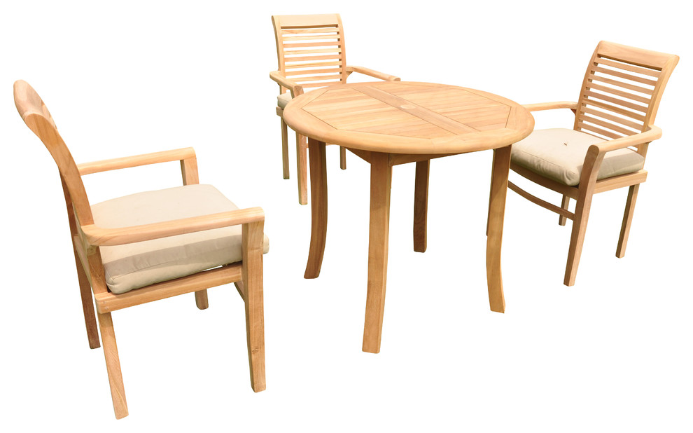 4-Piece Outdoor Teak Dining Set, 36" Round Table, 3 Mas Stacking Arm Chairs