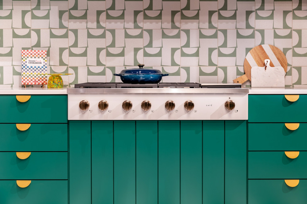 Inspiration for a large modern l-shaped kitchen/diner in Louisville with turquoise cabinets and green splashback.