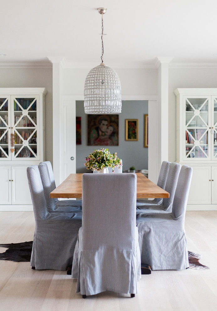 Photo of a traditional dining room in Brisbane with white walls, light hardwood floors and no fireplace.