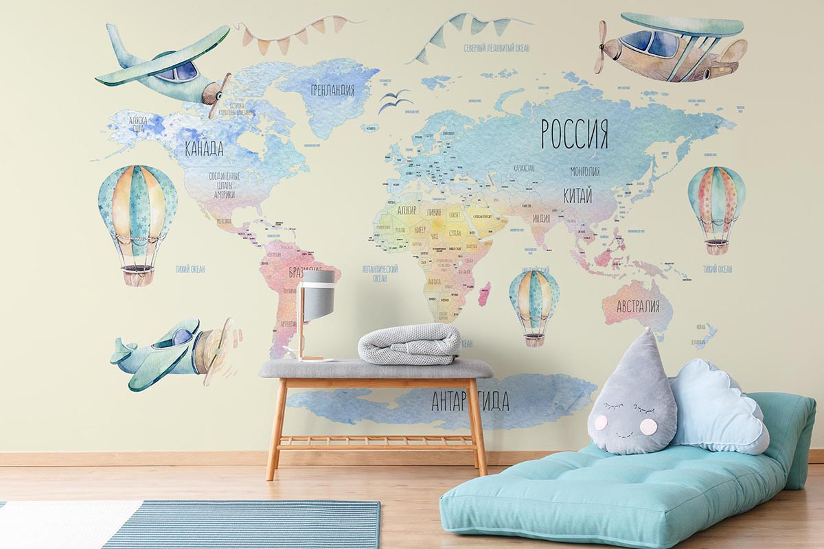 Фотообои Карта мира Акварельная на бежевом фоне