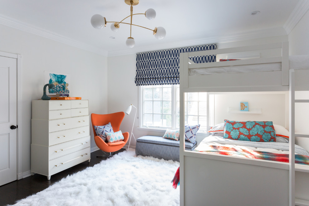 Kids' room - mid-sized transitional gender-neutral dark wood floor and brown floor kids' room idea in Los Angeles with white walls