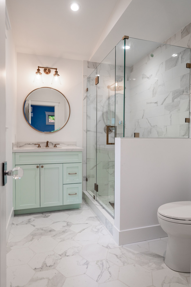 Example of a huge farmhouse master white tile and porcelain tile porcelain tile, white floor, double-sink and vaulted ceiling bathroom design in San Francisco with shaker cabinets, gray cabinets, white walls, an undermount sink, quartz countertops, a hinged shower door, white countertops and a built-in vanity