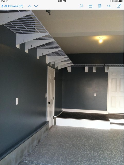 gray and white themed 2 car garage interior - transitional