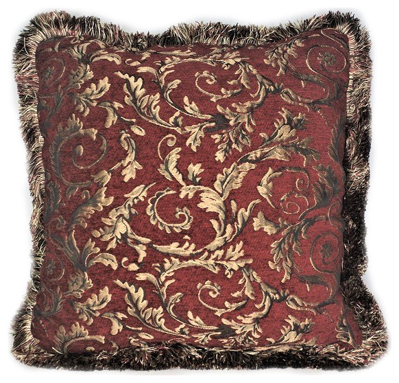 Red Gold Chenille Floral Throw Pillow With Fringe, 23x23