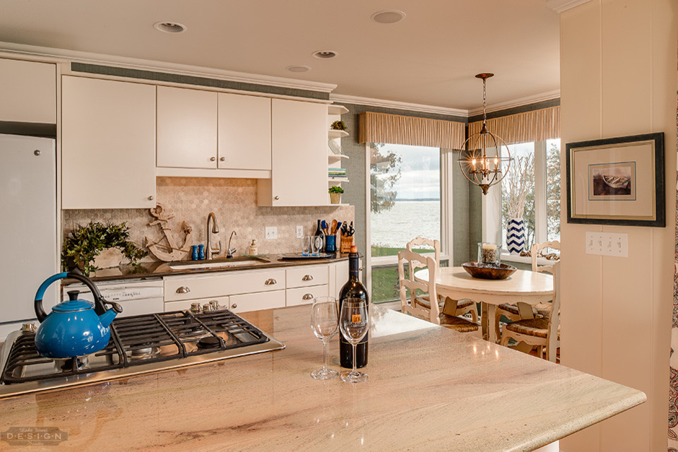 Mid-sized eclectic galley vinyl floor eat-in kitchen photo with a drop-in sink, flat-panel cabinets, white cabinets, granite countertops, white backsplash, stone tile backsplash, stainless steel appliances, a peninsula and gray countertops