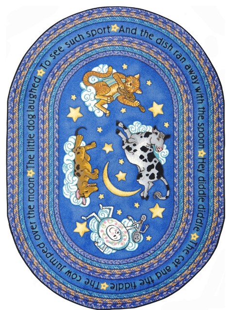 Kid Essentials Rug, Hey Diddle Diddle, 5'4"x7'8" Oval, Blue