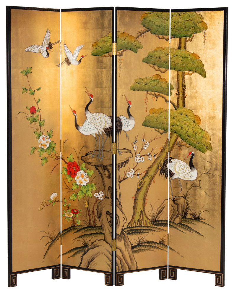 6' Tall Gold Lacquer Room, Cranes Asian Screens And Room Dividers