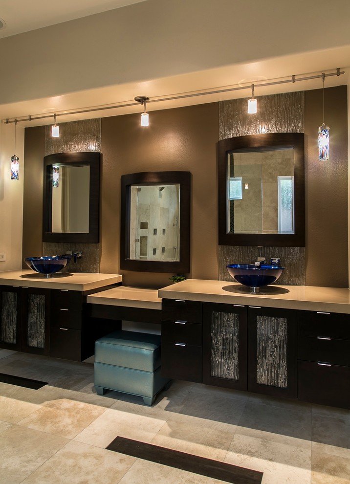Design ideas for a mid-sized contemporary master bathroom in Other with glass-front cabinets, dark wood cabinets, engineered quartz benchtops, an open shower, beige tile, stone tile, beige walls and travertine floors.