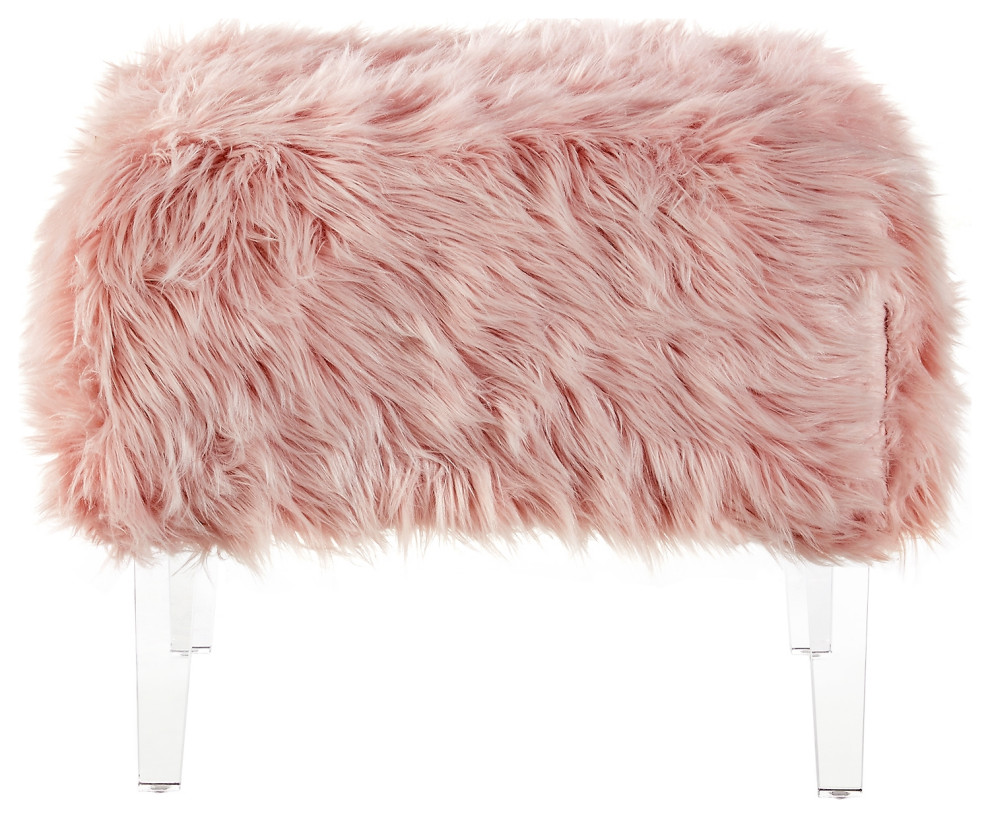 Theophania Luxe Faux Fur Acrylic Leg Ottoman, Rose