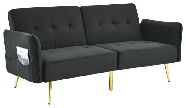 Modern Futon Sofa, Gold Legs & Velvet Upholstered Seat With Folding ...