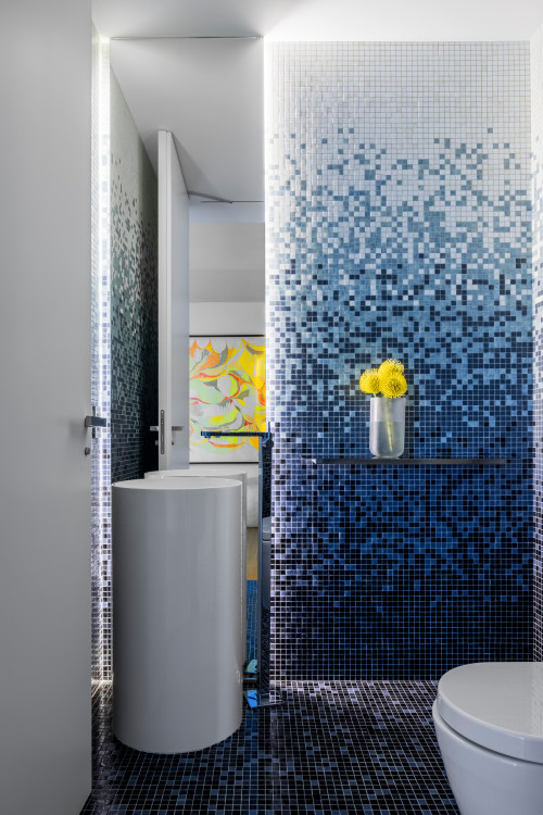 Contemporary Charm: Blue Mosaic Tiles in a White Bathroom