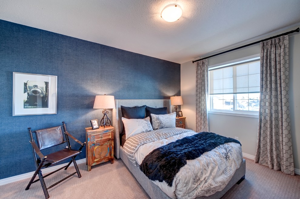 Mid-sized contemporary bedroom in Calgary with carpet.