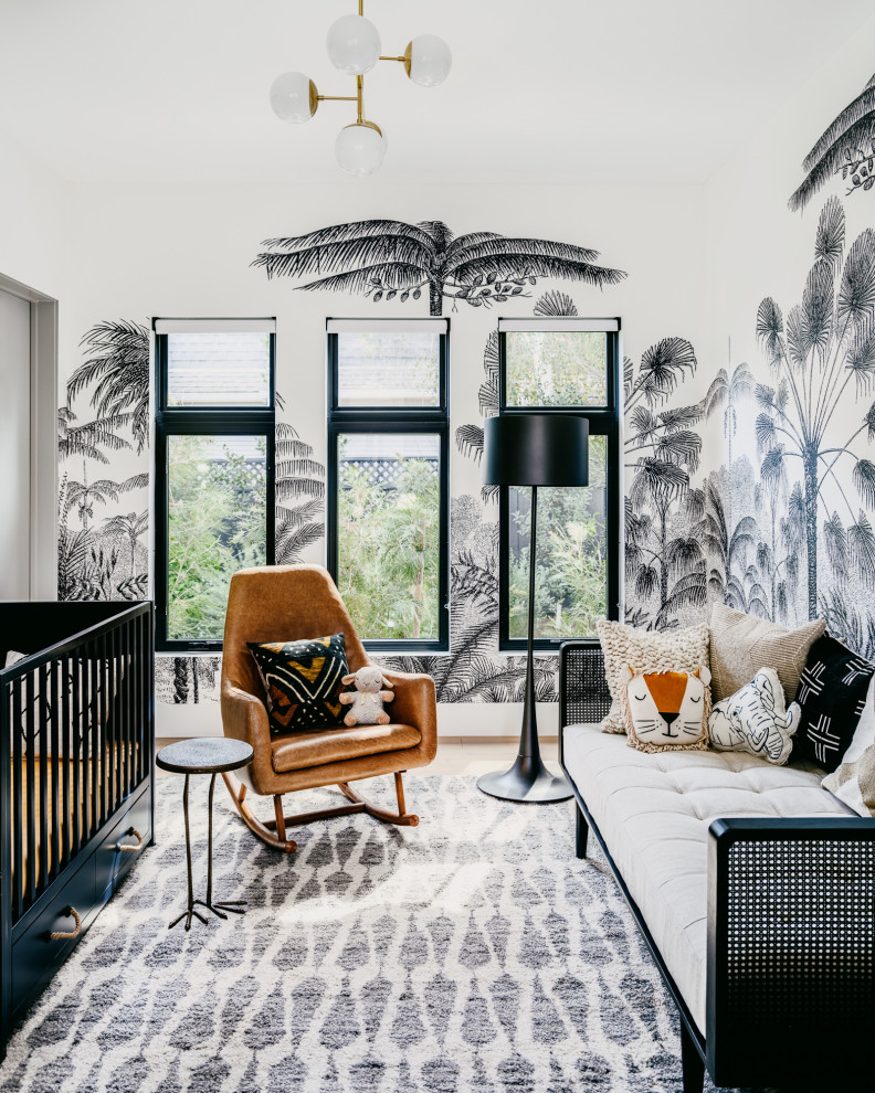 Inspiration for a medium sized contemporary gender neutral nursery in San Francisco with multi-coloured walls, light hardwood flooring, wallpapered walls and beige floors.