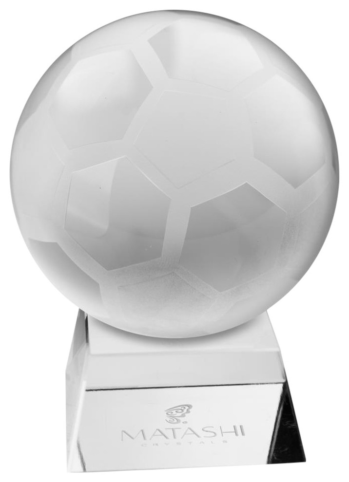 Crystal Paperweight w// Etched Soccer Ball Ornament and Trapezoid Base by Matashi