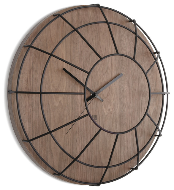 Cage Wall Clock, Black and Walnut Industrial Wall Clocks by Umbra
