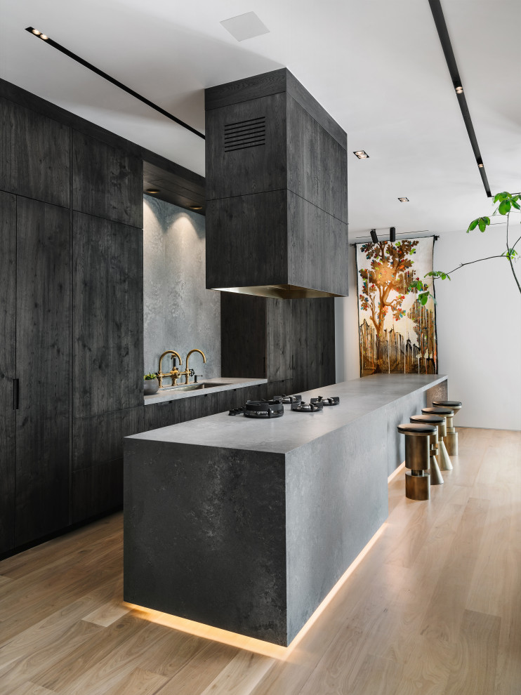 Expansive contemporary single-wall kitchen in Austin with an undermount sink, flat-panel cabinets, black cabinets, concrete benchtops, light hardwood floors, with island and grey benchtop.