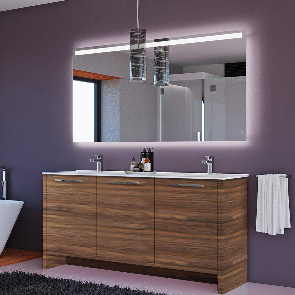 Inspiration for a small modern bathroom in New York with furniture-like cabinets, brown cabinets, a drop-in sink, solid surface benchtops and white benchtops.