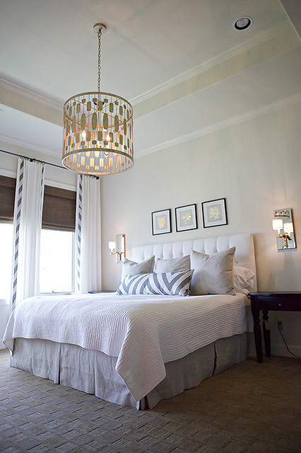 master bedroom, worlds away chandelier, schumacher fabric