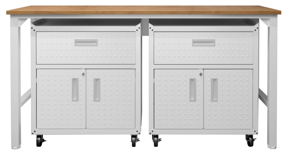 Manhattan Comfort 3-Piece Mobile Steel Garage Cabinet & Worktable, White