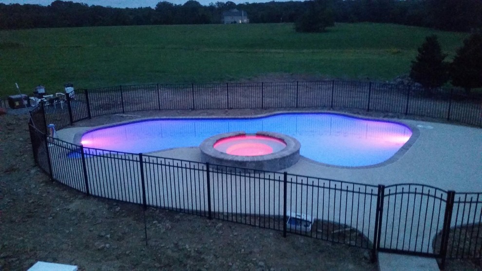 This is an example of a mid-sized backyard custom-shaped pool in DC Metro with a water feature and concrete pavers.
