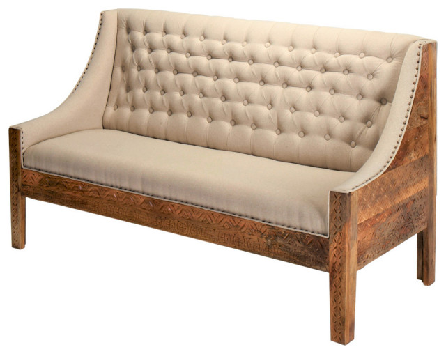 70" Breakfast Nook Sofa Bench Reclaimed Hand Carved Wood Upholstered