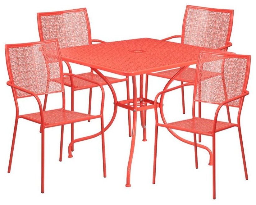 Bowery Hill Metal/Plastic Patio Dining Table with 4 Seats in Coral Pink