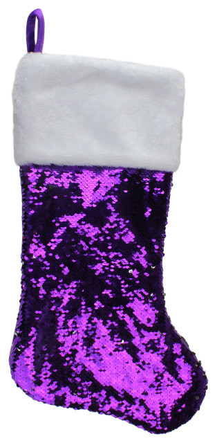 Northlight 23.25 Purple and Silver Reversible Sequined Christmas Stocking with Faux Fur Cuff