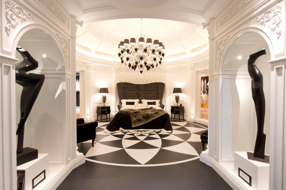 他の地域にある広いコンテンポラリースタイルのおしゃれな主寝室 (白い壁、無垢フローリング、マルチカラーの床、格子天井)