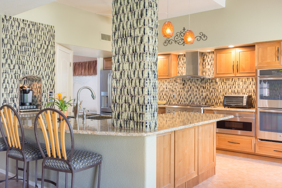 Open concept kitchen - mid-sized contemporary u-shaped porcelain tile open concept kitchen idea with an undermount sink, recessed-panel cabinets, light wood cabinets, granite countertops, multicolored backsplash, glass tile backsplash, stainless steel appliances and an island