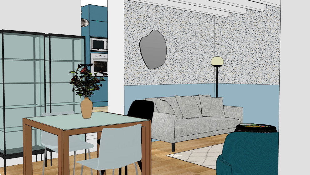 Inredning av en modern mellanstor matplats med öppen planlösning, med blå väggar, ljust trägolv och beiget golv