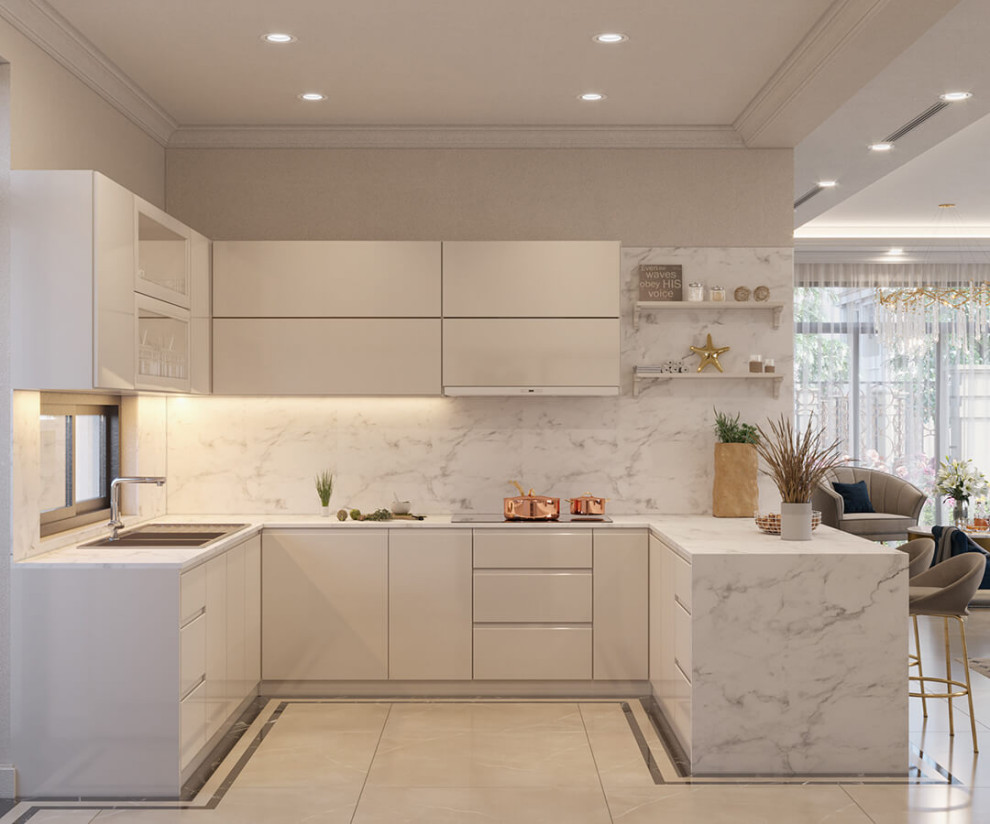 Design ideas for a medium sized world-inspired single-wall kitchen in Other with an integrated sink, black cabinets, granite worktops, orange splashback, stone slab splashback and green worktops.