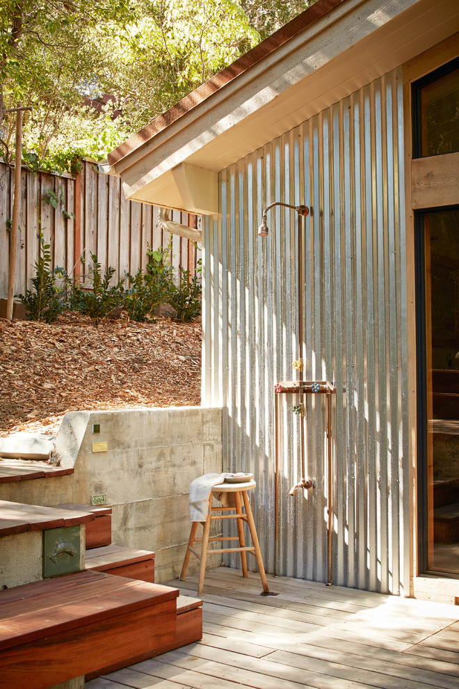 Inspiration for a country patio in San Francisco with an outdoor shower, decking and no cover.