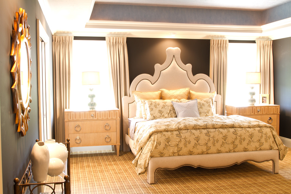 Inspiration for a large transitional master carpeted bedroom remodel in Philadelphia with black walls and no fireplace