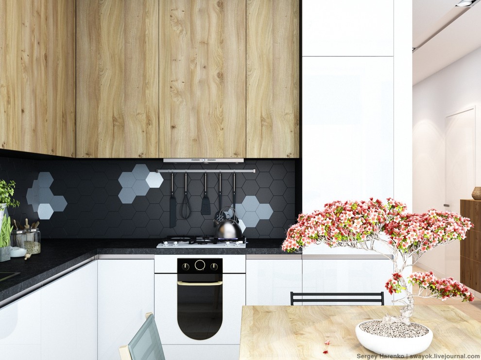 Small modern l-shaped eat-in kitchen in Other with black splashback and no island.