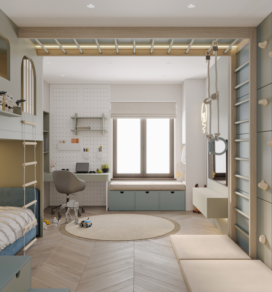 Ejemplo de dormitorio infantil de 4 a 10 años pequeño con paredes blancas, suelo laminado y suelo beige